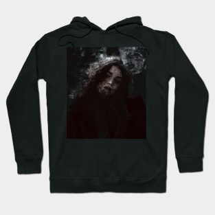 Beautiful girl, in dark place. Desaturated, gray and red. Dark but beautiful. Hoodie